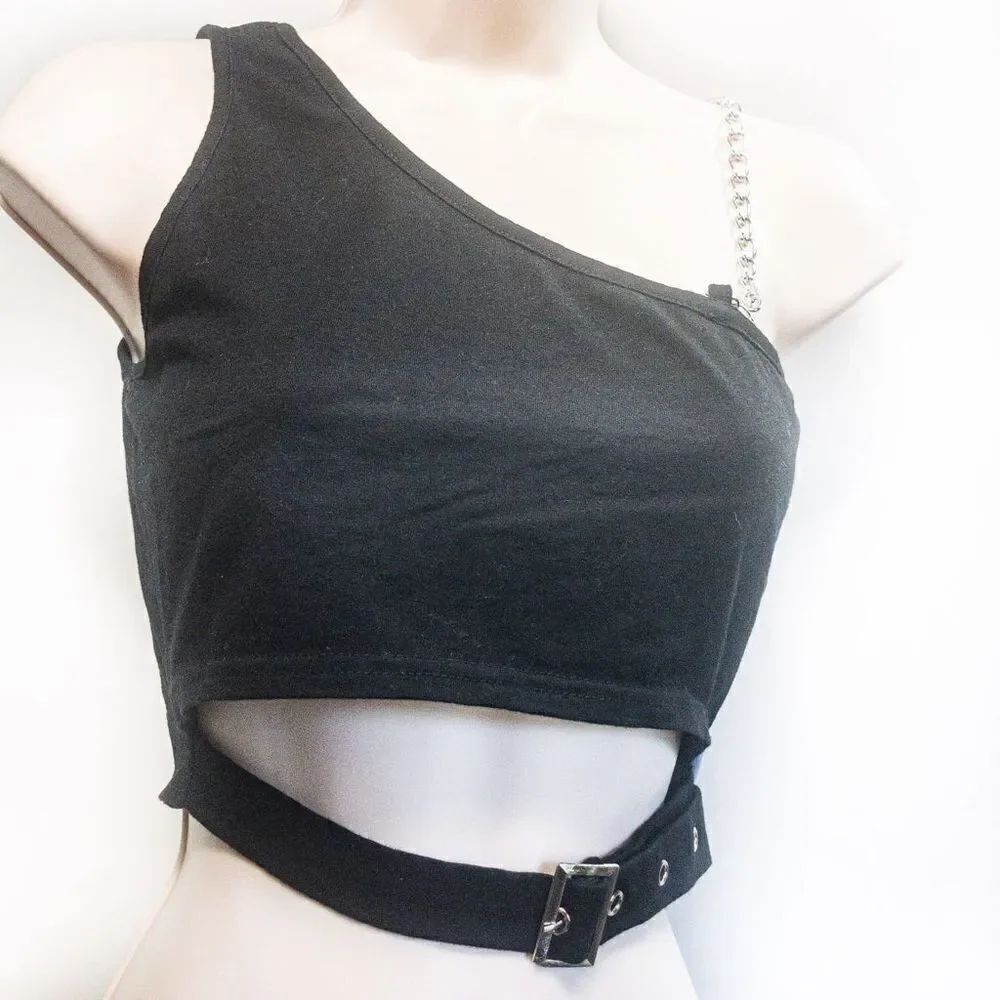 ZAFUL Black One Shoulder Chain Hollowed Out Tank Sz 6 - Picture 4 of 10